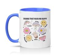 Sassy Souls Things that Make Me Happy 11oz Ceramic Novelty Mug Cute Doodle Art Positive Mood Humour Tea Coffee Cup Gift Blue