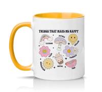 Sassy Souls Things that Make Me Happy 11oz Ceramic Novelty Mug Cute Doodle Art Positive Mood Humour Tea Coffee Cup Gift Golden Yellow