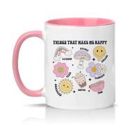Sassy Souls Things that Make Me Happy 11oz Ceramic Novelty Mug Cute Doodle Art Positive Mood Humour Tea Coffee Cup Gift Pink