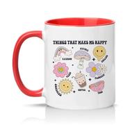 Sassy Souls Things that Make Me Happy 11oz Ceramic Novelty Mug Cute Doodle Art Positive Mood Humour Tea Coffee Cup Gift Red