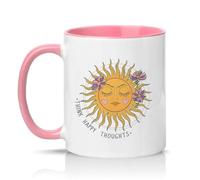 Sassy Souls Think Happy Thoughts Womens 11oz Ceramic Novelty Mug Boho Celestial Sun Positive Mindset Tea Coffee Cup Pink