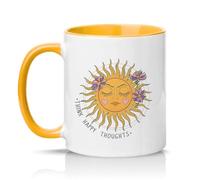 Sassy Souls Think Happy Thoughts Womens 11oz Ceramic Novelty Mug Boho Celestial Sun Positive Mindset Tea Coffee Cup Golden Yellow