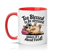 Sassy Souls Too Blessed to Be Stressed Unless Its About Food 11oz Ceramic Novelty Mug Foodie Cat Lovers Tea Coffee Cup Gift Red