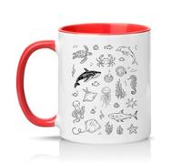 Sassy Souls Under The Sea Doodle Pattern 11oz Ceramic Novelty Mug Marine Life Animal Lovers Tea Coffee Cup Gift Red