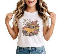 Sassy Souls Vintage Car Taxi Floral Birds Womens Graphic T-Shirt Vehicles Classic Design 3XL White