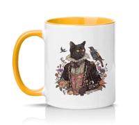 Sassy Souls Vintage Cat Portrait 11oz Ceramic Novelty Mug Gothic Floral Cat Lovers Tea Coffee Cup Gift Golden Yellow