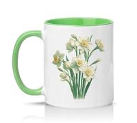 Sassy Souls Vintage White Daffodils 11oz Ceramic Novelty Mug Botanical Floral Tea Coffee Cup Gift Green