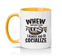 Sassy Souls Whew that was Close I Almost Had to Socialize 11oz Ceramic Novelty Mug Introvert Sloth Animal Humour Tea Coffee Cup Gift Golden Yellow