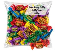 Sassy Taffy Sour Salt Water Taffy 400g - 6 Assorted Sour Town Flavours | Sour American taffy mix with lemon, orange, green apple, cherry, raspberry and grape flavours, individually wrapped.