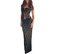 Sastianaen Women Lace Maxi Skirt Set Y2K See Through Mesh Tube Top Bodycon Maxi Skirt Outfits Summer Going Out Streetwear, A1-black, Large