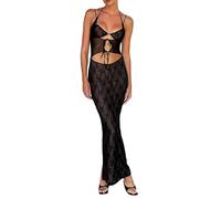 Sastianaen Women See Through Lace Dress Y2k Sexy Sheer Mesh Bodycon Long Dress Spaghetti Strap Sleeveless Cover Up Maxi Dress, A2-black, S