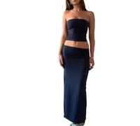 Sastianaen Women Sexy Two Piece Long Skirt Set Y2k Strapless Crop Tube Top Bodycon Maxi Skirt Suit Going Out Outfits Beach Wear, A1-black, Medium