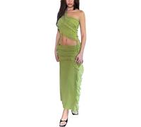 Sastianaen Women Y2K Fairy Grunge Midi Skirt Lace Floral Sheer Mesh Skirt Split Ruffle Swing Long Skirt See Through E-Girls Beachwear, B3-green, L