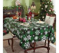 SASTYBALE Christmas PVC Vinyl Tablecloth 152x213cm Rectangle - Buffalo Plaid Snowflake Print Flannel Backing, Waterproof Heavy Duty for Xmas, Winter Holiday & Dining Parties (Green & Black)