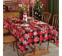 SASTYBALE Christmas PVC Vinyl Tablecloth 152x259cm Rectangle - Buffalo Plaid Snowflake Print Flannel Backing, Waterproof Heavy Duty for Xmas Parties, Holiday Gatherings (Red & Black)