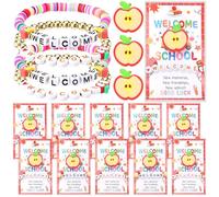 Sasylvia 25 Set Welcome Back to School Party Favors Bracelet Apple Shaped Eraser Back to School Cards Kindergarten Red Rope Bracelet Adorable Letters Beads Adorable Letters Beads for First Day Student