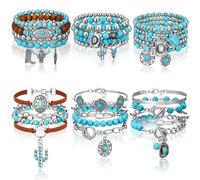 Sasylvia 6 Pcs Turquoise Bracelet for Women Leather Bracelet Western Jewelry for Women Multilayer Boho Cuff Bangle Set, as pictures shown, turquoise, alloy and faux leather, no gemstone