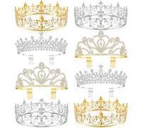 Sasylvia 8 Pcs King and Queen Crown Set for Men Women, Metal Rhinestone Homecoming Crowns for Prince Princess Party, Silver Gold
