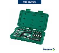 SATA ST09001SJ 25-Piece 1/4" Drive 6 Point Metric Socket Set with Quick-Release Ratchet, Wobble Extension Bars and T-Handle, Polished, in Storage Case