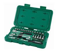 SATA ST09001SJ 25-Piece 1/4" Drive 6 Point Metric Socket Set with Quick-Release Ratchet, Wobble Extension Bars and T-Handle, Polished, in Storage Case