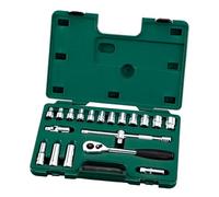 SATA ST09005SJ 20-Piece 1/2” Drive 6 Point Metric Socket Set with Quick-Release Ratchet and 3-Way Adapter, Polished, in Storage Case, Green