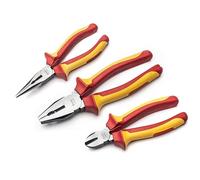 SATA ST09261SJ 3-Piece VDE Insulated Pliers Set, 8-Inch Linesman, and 6" Diagonal and Long-Nose with Green Handles and Chrome Vanadium Steel Bodies