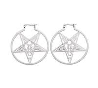 Satanic Goat Head Inverted Pentagram Round Hollow Earrings Demon Symbol Stainless Steel Charm Dangle Earring for Women Girls Jewelry Gifts (1-Silver)