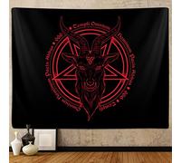 Satanic Pentagram Tapestry for Bedroom, Baphomet Statue Art Goat Head Skull Pagan Tapestries Wall Hanging for College Dorm Living Room Men Decor 60"X40", Black and Red Gothic Demon Poster Blanket