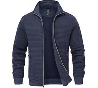 Satankud Men's Jacquard PlaidCloth Lightweight Jacket Bright Metal Zipper Pocket, Grey Blue, XXL