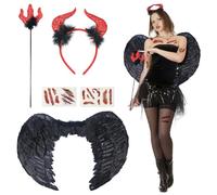 Satar Refes 5PCS Devil Costume Women, Fallen Angel Costume Black Angels Wings Devil Horns Fork Dark Angel Halloween Costumes for Halloween Cosplay Carnival Theme Party