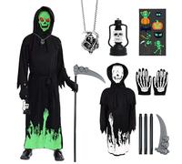 Satar Refes Grim Reaper Halloween Costume, Skeleton Costume With Necklace Stickers Scythe Glow In The Dark Reaper Costumes Ghost Face Grim Reaper Cloak Outfit Halloween Custumes Cosplay for Party