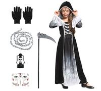 Satar Refes Halloween Costume Grim Reaper Girl, Skeleton Costume Halloween Grim Reaper Robe Death Skeleton Dress with Reaper Scythe Chain Gloves Stickers Kids Grim Reaper Outfit Fancy Dress for Girls