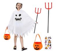 Satar Refes Halloween Ghost Costume for Kids, Ghost Costume Kids Fancy Dress with Pumpkin Candy Bag Cloak Hooded Trident Scary Ghost Face Cape Costumes for Kids Boys Girls Halloween Carnival Cosplay