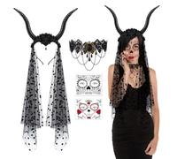 Satar Refes Maleficent Costume Women, Maleficent Horns Headband Halloween Devil Horns Headband with Lace Necklace Tattoo Stickers Halloween Witch Accessories for Women Girls Cosplay