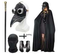 Satar Refes Plague Doctor Costume Adult, Leather Plague Doctor Mask Long Nose Bird Beak Steampunk Masks with Black Gloves, Hooded Cloak, Full Face Covering, Cane for Halloween Costume Cosplay Party