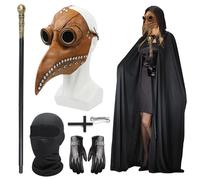 Satar Refes Plague Doctor Costume Adult, Leather Plague Doctor Mask Long Nose Bird Beak Steampunk Masks with Black Gloves, Hooded Cloak, Full Face Covering, Cane for Halloween Costume Cosplay Party
