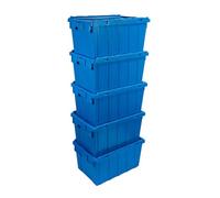 Satargo 5 Heavy Duty Stackable Storage Boxes - Industrial Plastic Containers with Lids, 60L/590x395x320mm - Durable Stack & Lock Warehouse/Workshop/Garage Organiser - Blue (Set of 5)