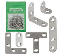 Satargo Joining Bracket and Flat Plate Assortment Heavy Duty Stainless Steel Fixing Plates with Screws - T-Shaped & L-Shaped - Corner & Angle Braces - for Repairing Wood Furniture (72pc Bracket Set)