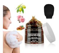 satasiam Moroccan Black Soap with Argan and Rose, Black Moroccan Beldi Soaps, Black Exfoliating Soap, Moroccan Hammam Soap, Moroccan Body Scrub with Exfoliating Glove (1)