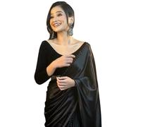 SATAZ Women's Ready to Wear Black Satin Silk 1 Minute Pre Pleated Heavy Saree With Hand Work Lace, Black, Free Size, Black, Free Size