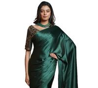 SATAZ Women's Ready to Wear Satin Silk 1 Minute Pre Pleated Heavy Saree with Solid Plain Green Unstiched Blouse, Dark Green, Free Size, Dark Green, Free Size