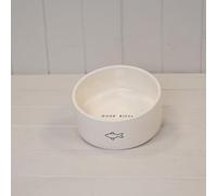Satchville Ceramic Cat Bowl with Fish Design, 'Good Kitty' Print, White Glossy Finish, Ceramic, Pet Bowl