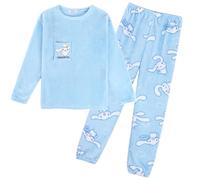 Satdflie Cartoon Fluffy Pajamas Set for Petite Women Fleece Pullover Pants 2 Piece Pj Set Long Sleeve Sleepewear Lounge Sets, Blue, M