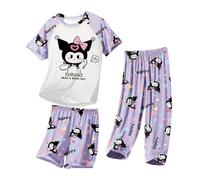 Satdflie Cartoon Pajamas Set 3 Piece Petite Women Girls Short Sleeve Sleepwear Loungewear Shirts and Shorts and Pants Pj Sets, Purple/2, M
