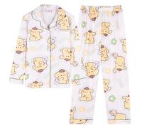 Satdflie Cartoon Pajamas Set Petite Women Girls 2 Piece Sleepwear Nightwear Long Sleeve Button Down Shirt & Pants Lounge Sets, Yellow, M