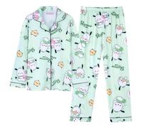 Satdflie Cartoon Pajamas Set Petite Women Girls 2 Piece Sleepwear Nightwear Long Sleeve Button Down Shirt & Pants Lounge Sets, Green, M