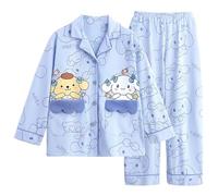 Satdflie Cinna-moroll Pompompurin 2 Piece Pajamas Set Petite Women Girls Cartoon Lounge Set Sleepwear Nightwear Printed Long Sleeve Shirt Pants Sets, Blue, S