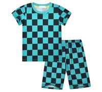 Satdflie Demon Slayer Cute T-shirt Pajama Set for Women Men, Grid Print Round Neck Pullover Nightwear, for Fans, 2PC Short Sleeves Elastic Waist Shorts Set，Green, 140 Size