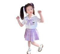 Satdflie Girls Skirt Set School 2PCS JK Uniform Sailor Short Sleeves Shirt with Bow Plaid Pleated Mini Skirt Summer Outfits Toddler Summer Clothes Suit,Purple, XXS