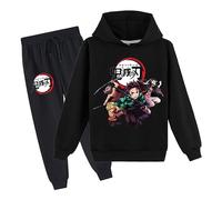 Satdflie Japanese Anime Demon Slayer Lounge Wear Sets Long Sleeve Pullover Sweatshirt with Sweatpants 2 Piece Outfits Unisex Hoodie Tracksuit Full Set, Black, XS
